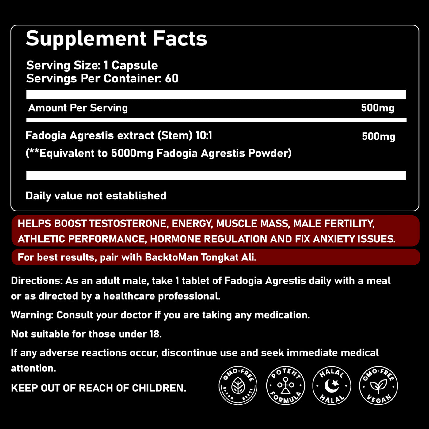 Fadogia Agrestis 500mg (60 capsules - 2 month supply)